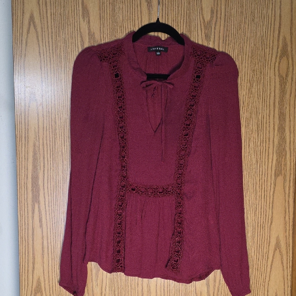 Ellie & Kate Maroon Lace Accent Blouse
